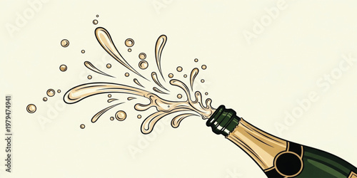 Champagne Bottle Splash Illustration with Sparkling Liquid Explosion in Hand Drawn Style for Celebration, Party Design, New Year Events, and Festive Graphics