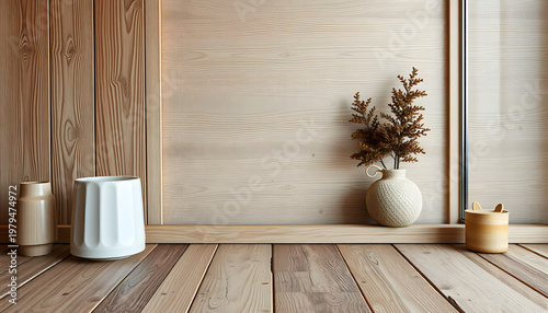 Wooden Wall and Floor with Plants Near Window. Modern Interior 