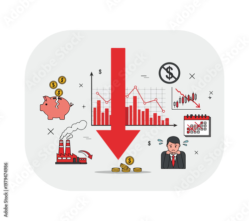 Business financial crisis concept with graphs and worried businessman and industry