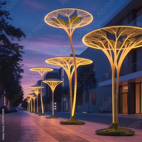 Futuristic Urban Street Lighting with Tree-Like Lamp Posts at Dusk