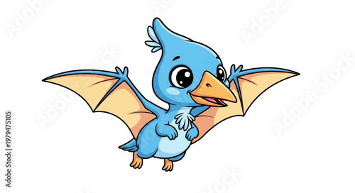 Cute cartoon pterodactyl flying with wings spread wide.