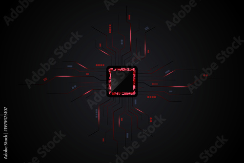 AI chip with circuit contact lines. Artificial intelligence circuit line. AI processor. Semiconductor on a board. Machine learning design