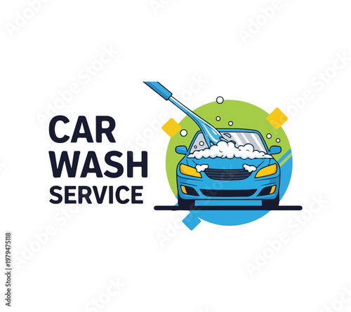 Car wash service with blue car and soap suds on windshield