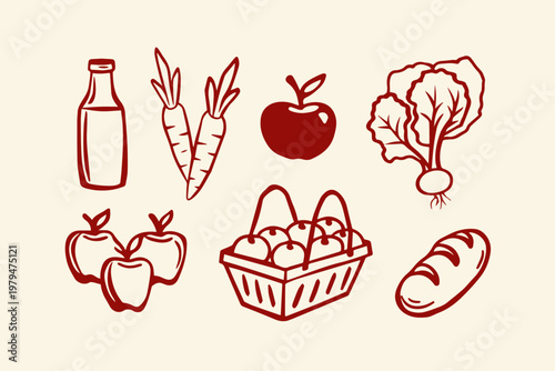 Hand-drawn collection of fruits vegetables bread with food preparation baked goods root vegetables illustration nutrition ingredients isolated wholesome
