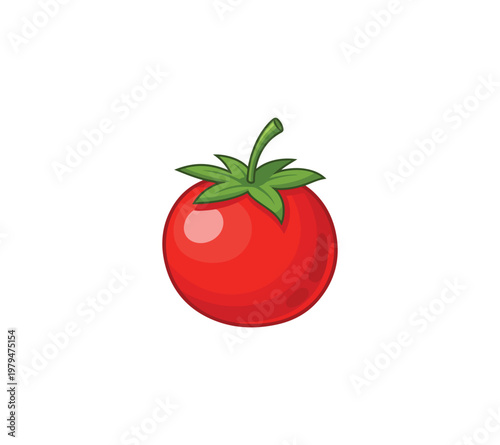 Cartoon illustration of a ripe red tomato with green leaves on top
