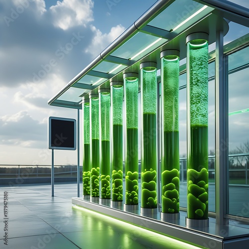 Large-scale Algae Cultivation in Industrial Vertical Tubes on Rooftop with Modern Architecture