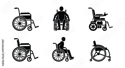 Wheelchair icon set with manual and electric power chairs, disabled person mobility symbols, medical equipment vector illustrations for accessibility