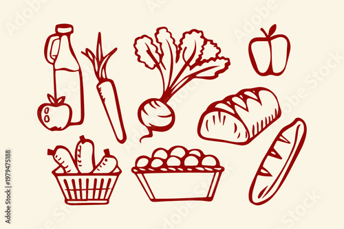 Drawn selection of fresh produce and bakery items with hand drawn food preparation baked goods vegetables beetroot gherkins illustration nutrition ingredients isolated wholesome