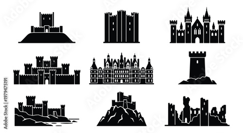 Medieval castle silhouette icons, set of 9 historic fortress and palace vector elements, black architectural ruins and royal chateau graphics
