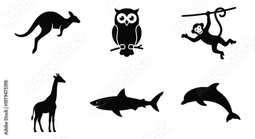 Black animal silhouettes collection, set of 6 wild animal icons including kangaroo, owl, monkey, giraffe, shark and dolphin, minimalist wildlife vector graphics