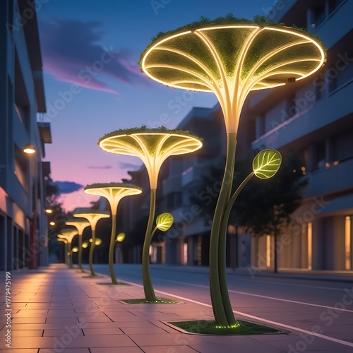 Futuristic Urban Street Lighting with Tree-Like Lamp Posts at Dusk
