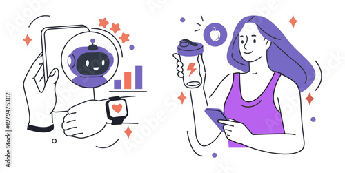 Woman holds phone and drink, smiling happily. Robot companion displays data with cheerful expressions. Digital life connects humans and machines in harmony. Illustration style suits tech, wellness