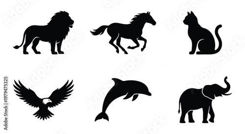 Animal silhouette vector set with 6 icons, black wildlife silhouettes including lion, horse, cat, eagle, dolphin, and elephant, minimalist animal logos