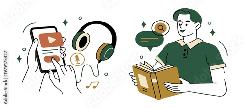 Hands tap phone for music streaming, headphones nearby. Person smiles while holding a book, engaged in reading. Illustration shows modern leisure and learning together. Use for educational, tech