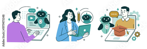 Three illustrated figures interact with robotic assistants. Each person engages with a digital companion. They appear focused, calm, and curious