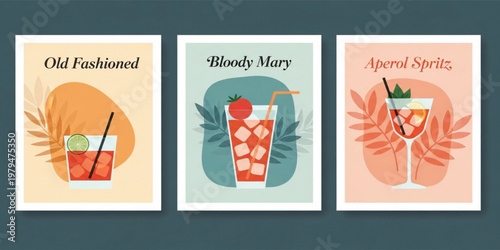 Classic Cocktail Poster Set with Old Fashioned, Bloody Mary, and Aperol Spritz Illustrations in Modern Flat Style for Bar Decor, Menu Design, and Wall Art