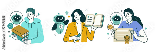 Three people engage with technology and knowledge. One holds books beside a robot. Another reads a book with a cheerful expression. Third proudly displays a certificate. The scene suggests learning