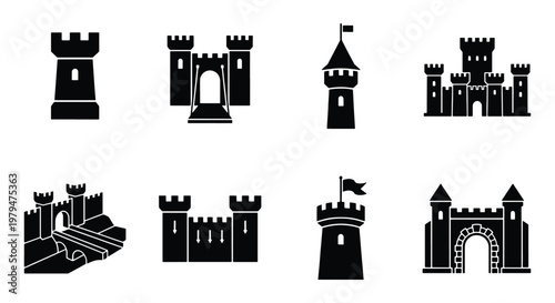 Medieval castle icon set, black silhouette fortress and tower vector elements, 8 ancient citadel and palace symbols for gaming and history