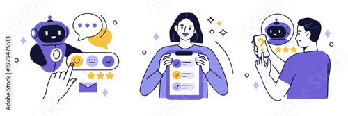 Robot interacts with user via hand gesture. Person holds checklist, smiling confidently. Another user reviews product on mobile device. Illustration shows tech, feedback, and decision-making