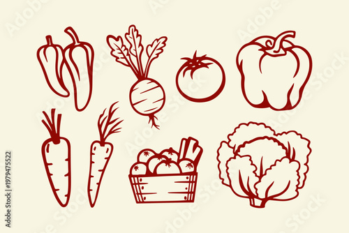 Assortment of fresh vegetables and chili peppers in illustration style with hand drawn bell pepper hot pepper vegetable illustration background beetroot ingredients nutrition
