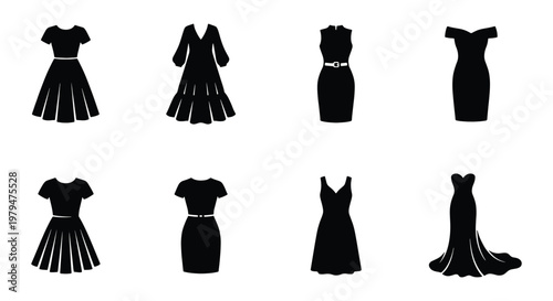 Elegant women's dress silhouette icons, set of 8 black fashion apparel vectors, formal evening gown and cocktail dress clothing symbols for retail