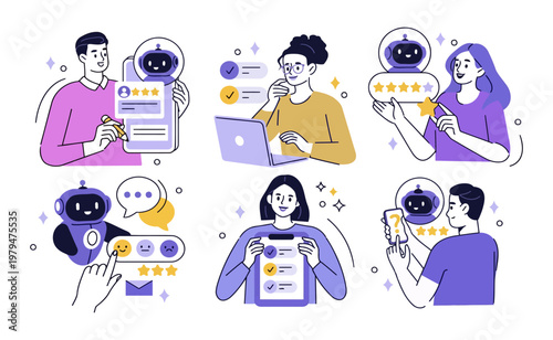 Six illustrated people interact with robotic assistants. Each person shows engagement, curiosity, or satisfaction. Bright colors and simple shapes create a friendly tone