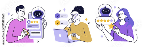 Illustration shows three human characters with robots. Each person interacts with a robot holding a rating. They appear focused, engaged, and satisfied. The scene suggests customer service, feedback