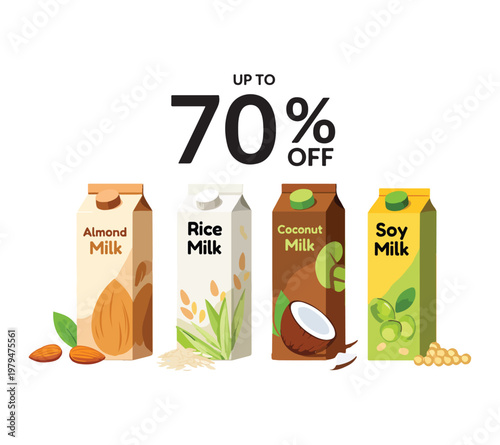 Four types of plant based milk cartons with up to seventy percent off discount