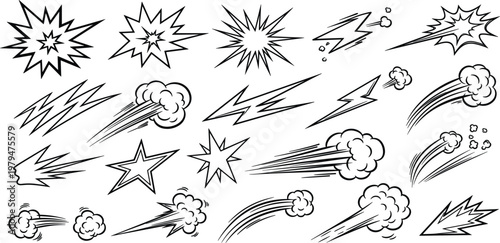 Comic Style Explosion and Speed Effect Set with Starbursts, Lightning Bolts, and Motion Lines in Hand Drawn Outline for Action Graphics and Dynamic Design
