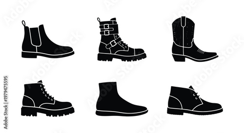 Minimalist black footwear silhouettes, 6 vector icons of mens and womens boots, stylish leather shoes and casual ankle boot collection for fashion design