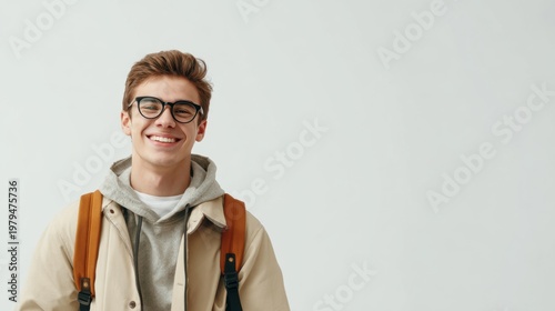 Young student with backpack and glasses looking happy in casual jacket and hoodie