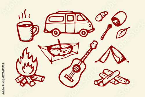 Camping adventure essentials doodle collection with hand drawn camper van camping gear outdoor living road trip outdoors adventure recreation vacation illustration collection