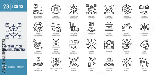 Distribution channel strategy icon set. Icons related to management, direct, indirect, retail, wholesale, e-commerce, omni channel. Outline icon set. Vector illustration with editable stroke