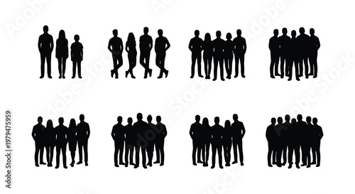 Black silhouette people group collection, set of diverse human crowd figures, community and business team silhouettes in various poses, vector icons