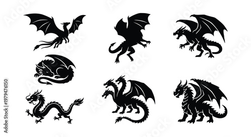 Mythical dragon silhouettes set, 6 black fantasy creature icons, medieval winged monster vector collection, legendary beast graphic elements