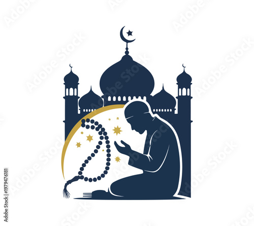 Man praying in front of mosque with rosary and stars  Islamic culture symbol