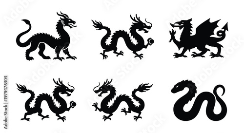 Mythical dragon silhouettes set, 6 black vector icons of legendary creatures, oriental and western dragon symbols for tattoo and logo design