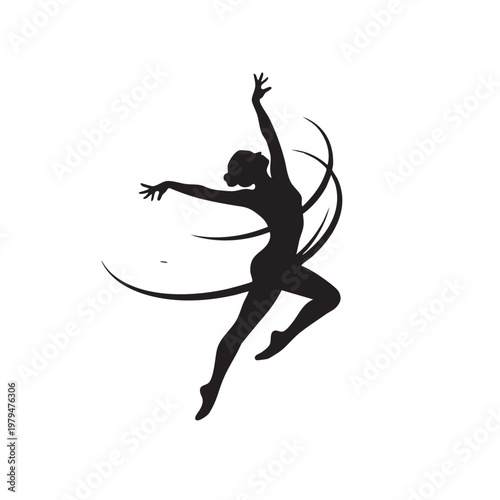 Graceful rhythmic gymnastics silhouette vector, elegant female dancer performing artistic movement, black ballerina figure with dynamic swoosh lines