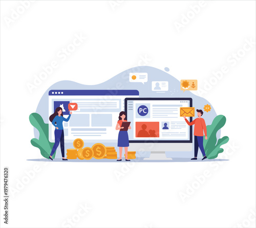 People interacting with large computer screens and emails  business communication concept