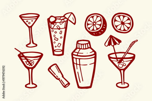 Set of hand-drawn cocktail glasses shaker oranges garnish with line art white background liquid refreshment food and drink cocktail umbrella refreshment illustration isolated