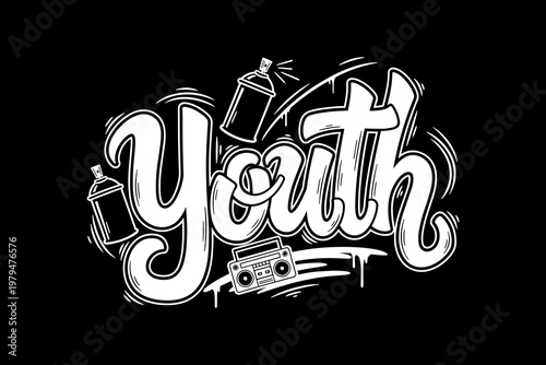Graffiti Style Youth Word Art with Spray Cans and Boombox.
