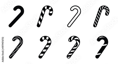 Christmas candy cane icon set, black and white holiday sweets vector collection, 8 minimalist peppermint stick symbols for winter design