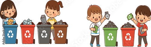 Kids Recycling Illustration Set with Children Sorting Waste into Bins for Paper, Plastic, and Glass, Promoting Environmental Awareness and Eco Friendly Habits