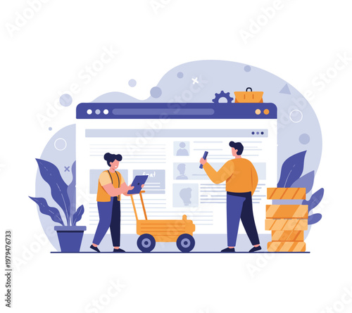 Two men working with laptop and smartphone in front of large web browser window