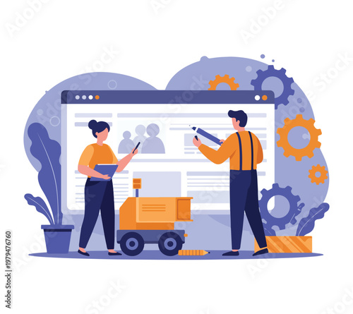 Two people discussing a large computer screen with a cart and plants around them