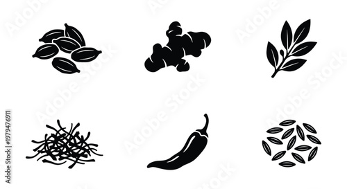 Culinary spice icons set with 6 vector elements, black silhouette herbs and spices, ginger root and chili pepper icons for kitchen branding