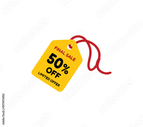 Yellow final sale 50 percent off limited offer tag with red string