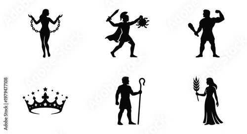 Ancient Greek mythology silhouettes, set of 6 vector icons featuring gods and heroes, black classical figures and royal crown on white background