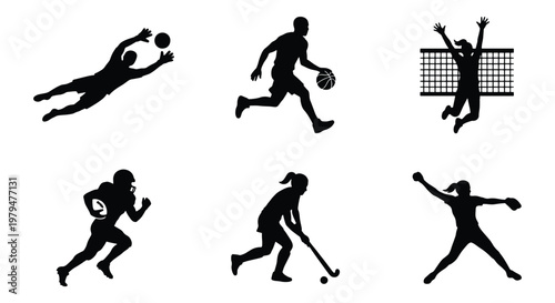 Athletic sports silhouettes set of 6 vector icons, professional athletes in action poses, black player figures for soccer basketball and volleyball