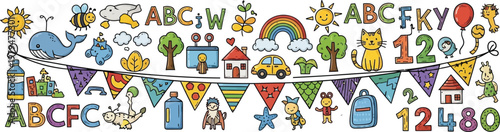 Colorful educational banner featuring alphabet, numbers, and playful illustrations.